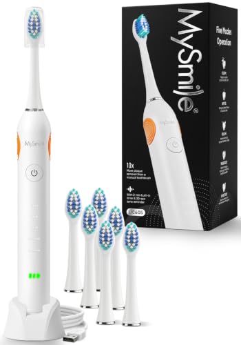 MySmile UC605 Series Electric Toothbrush, with Advanced Sonic Toothbrush Technology & 60+ Days Rechargeable Battery Life, 5 Modes with SmartTimer & QuadPacer, 6 Replacement Heads, 48000VPM - White