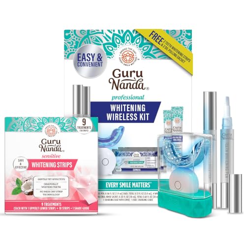 GuruNanda Pro Whitening Bundle – 9-Day Sensitive Whitening Strips & Wireless LED Whitening Kit for Coffee, Food & Soda Stain Removal & Noticeably Brighter Teeth