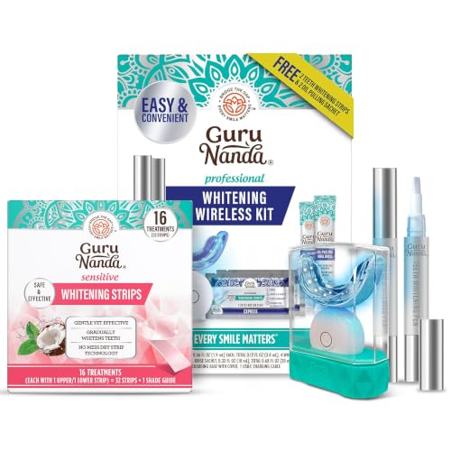 GuruNanda Pro Whitening Bundle – 16-Day Sensitive Whitening Strips & Wireless LED Whitening Kit for Coffee, Food & Soda Stain Removal & Noticeably Brighter Teeth