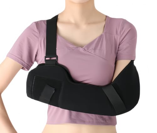 Elbow Immobilizer Arm Sling with L-Shaped Aluminum Support Plates, Breathable Forearm Brace with Wide Padded Shoulder Strap, 5 Adjustable Straps for Fracture, Sprain, Post Surgery Recovery(Black-M) Black Medium
