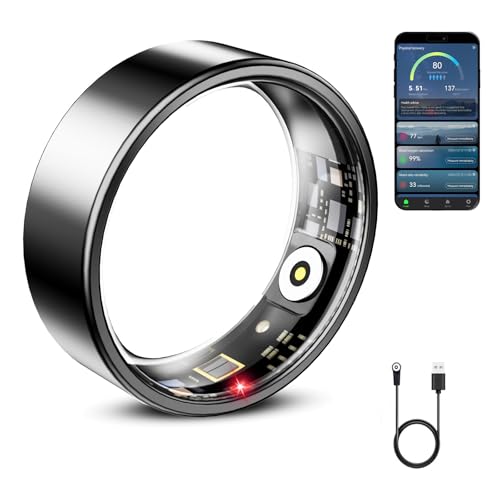Mirlray Smart Ring for Women & Men, Smart Ring Health Tracker, Blood Oxygen & Heart Rate Monitor, Long Lasting Battery Sleep Ring, Waterproof Fitness Ring (R02C, Black, 7)