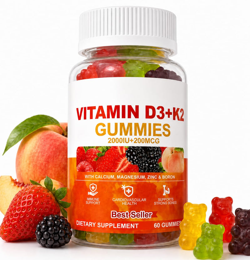 Vitamin D3 + K2 Gummies 2000 IU with Calcium, Magnesium & Zinc, Mixed Fruit | Vegan, Non-GMO, Gelatin-Free and Sugar-Free With Vitamin C, Boron and Mk-7 For Immune Function and Everyday Wellness Support.