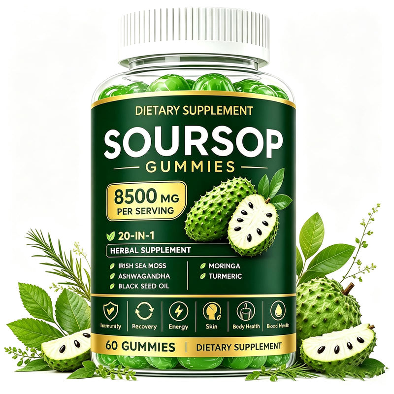 Soursop Gummies with Graviola Leaf Extract, Vitamin C & Zinc - Immune Support, Antioxidant & Calming Relief - Non-GMO, Sugar Free, Gluten Free, Vegan, 60 Count