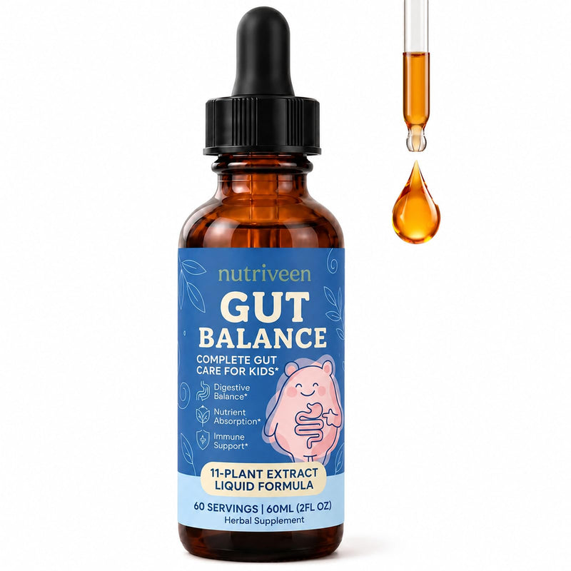 Gut Balance for Kids, 11-Plant Liquid, Raspberry, 60 Servings | Measured dropper, plant-based formula, no pills or capsules, simple daily use