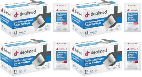Dealmed 3" Sterile Conforming Stretch Gauze Bandages, 4.1 Yards Latex Free Stretched Dressing Wrap, Medical Non-Adherent Wound Care Mesh Bandages (Box of 12 Rolls) (Pack of 4) 3 Inch (Box) (Pack of 4)
