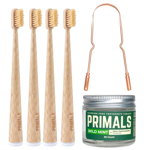 PRIMALS Complete Natural Oral Care Bundle - Boar Bristle Toothbrush 4-Pack, Fluoride-Free Nano Hydroxyapatite Toothpaste Tablets & Copper Tongue Scraper - Zero Fluoride, Zero Plastic, Zero Toxins