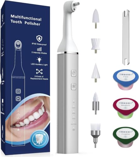 Tooth Polisher,Teeth Polishing Kit for Daily Cleaning,Polishing Then Whitening of Tooth (Professional Toothpaste Include),USB Rechargeable Dental Polisher with LED Light,6 Heads,5 Speed Modes White & Silver