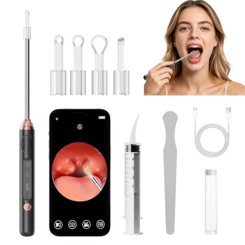 Tonsil Stone Remover with Camera, 1296P Visual Tonsil Stone Removal Kit with 6 LED Lights, 4 Interchangeable Tips, Tongue Depressor and Irrigator, WiFi App for iPhone and Android, Rechargeable