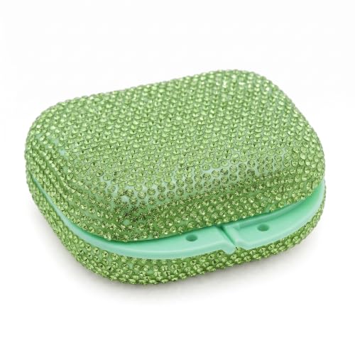 Bling Retainer Case Cute Mouse Guard Case Dental Partial Retainer Container Diamond Slim Night Guard Holder with Clip for Travel(Green) green
