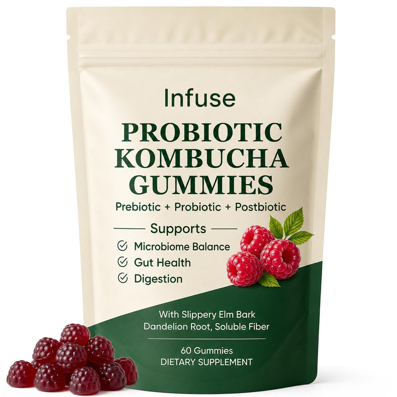 Kombucha Gummies, with Kombucha, Prebiotic & Dandelion Root, Daily Wellness Support, Daily Gut Health & Digestive Comfort Support, Sugar Free, Raspberry Flavor, 60 Gummies 1