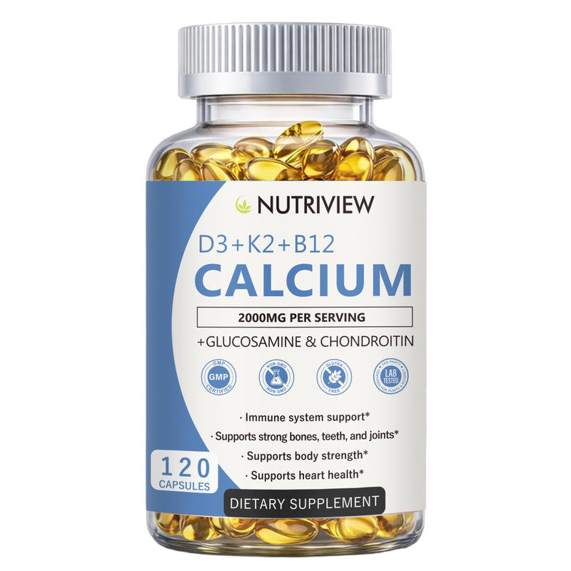 Nutriview Calcio 2000 mg with D3, K2, B12 & Glucosamine, 120 Count | Calcium formula with D3, K2, B12, and glucosamine for adults, designed for a simple daily mineral routine