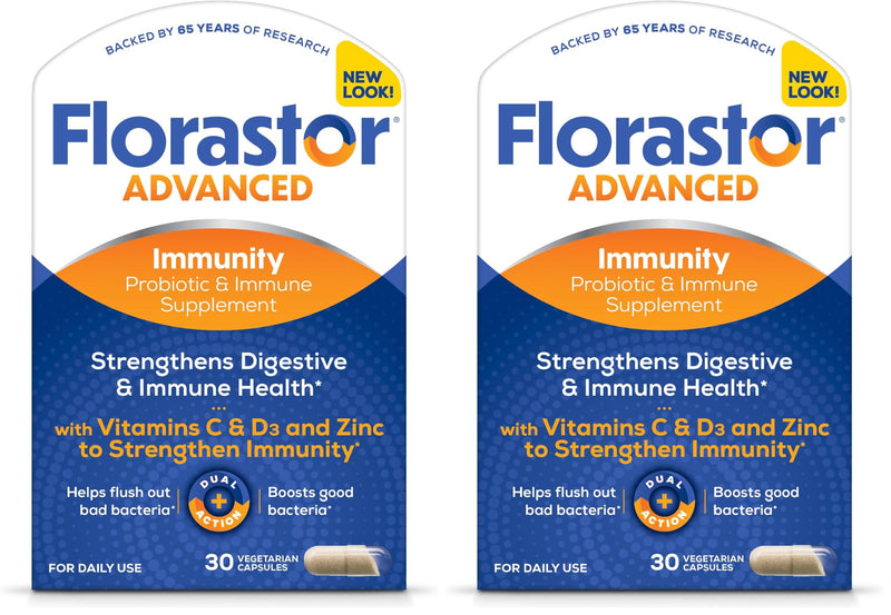 Florastor Advanced Immunity Boost Daily Probiotic & Immune Support Supplement for Women and Men, Saccharomyces Boulardii CNCM I-745 Plus Zinc, Vitamin C & D3 (30 Capsules) (Pack of 2) 30 Count (Pack of 2)