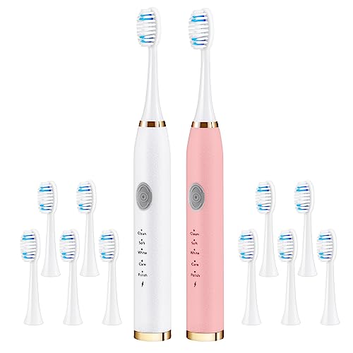 Dnil 2-Pack Rechargeable Sonic Toothbrush for Adults, Long-Lasting Battery Operated, 35,000 VPM Fast Brushing, Includes 10 Brush Heads and 5 Mode Options for Personalized Oral Care (White & Pink)