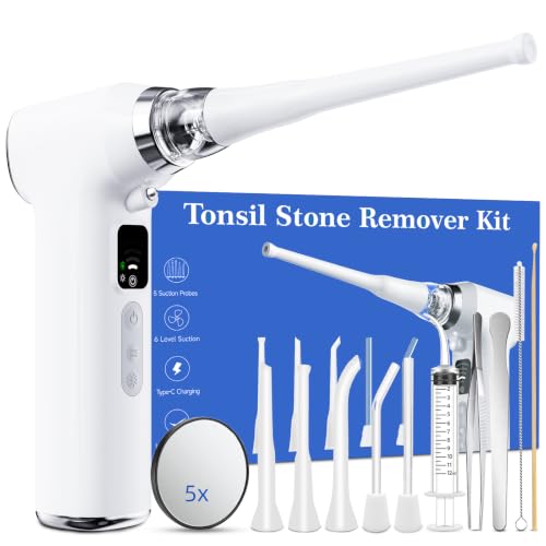 Tonsil Stone Remover, 12-in-1 Tonsil Stone Removal Kit with 5 Adjustable Suction Levels, Built-in LED Light, One-Touch Pause, 5X Magnifying Mirror, Electric Vacuum Suction Tool for Oral Care White