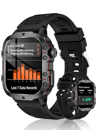 Blood Pressure Watch Men, IP68 Waterproof Blood Pressure Watch, 1.96" High-Resolution Touch Screen Smart Fitness Tracker with 100+ Sport Modes Compatible with Android and iOS, Black