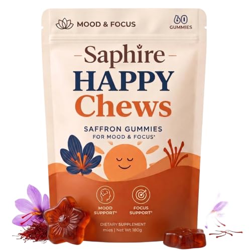 Saphire Happy Chews Saffron Gummies, 60 Count Vegan Daily Wellness Supplement Red