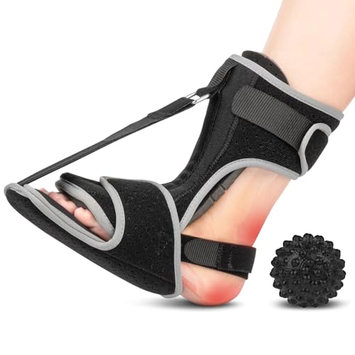 Plantar Fasciitis Night Splint with Massage Ball for Plantar Fasciitis Relief, Comfortable Plantar Fasciitis Brace for Achilles Tendonitis Heal Spur Foot-drop Flat-arch, Free Size for Men and Women - Black, 1 Pack Black-1 Pack