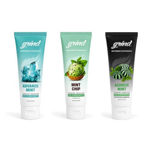 Grind Toothpaste 3-Pack, Nano-Hydroxyapatite Fluoride-Free Formula | Appropriate for Sensitive Teeth, Adult Oral Care | Bestsellers Bundle - Advance & Achieve Mint, Mint Chip