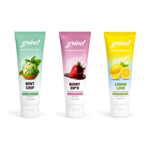Grind Toothpaste 3-Pack, Nano-Hydroxyapatite Fluoride-Free Formula | Appropriate for Sensitive Teeth, Adult Oral Care | Sweet Tooth Bundle - Mint Chip, Berry Dip'd & Lemon Love