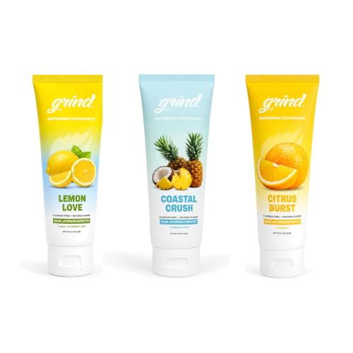 Grind Toothpaste 3-Pack, Nano-Hydroxyapatite Fluoride-Free Formula | Appropriate for Sensitive Teeth, Adult Oral Care | Fresh & Fruity Bundle - Citrus Burst, Lemon Love & Coastal Crush