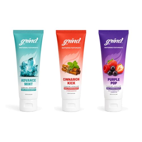 Grind Toothpaste 3-Pack, Nano-Hydroxyapatite Fluoride-Free Formula | Appropriate for Sensitive Teeth, Adult Oral Care | Adventurer Bundle - Advance Mint, Cinnamon Kick & Purple Pop