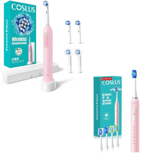 COSLUS C30 Electric Toothbrush for Adults & C60 Rechargeable Rotating Electric Toothbrush for Deep Clean Pink 2Pcs