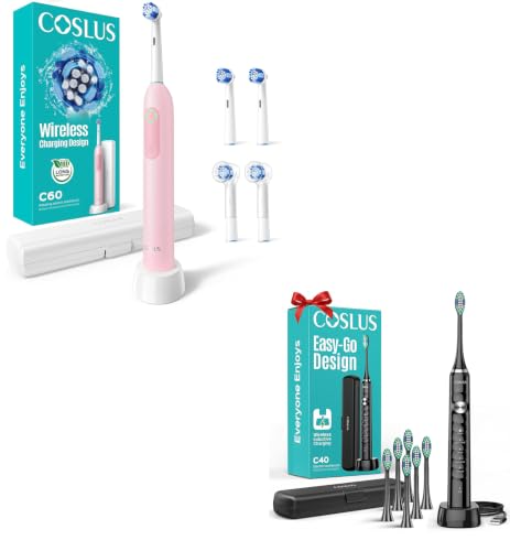 COSLUS C30 Electric Toothbrush for Adults & C60 Rechargeable Rotating Electric Toothbrush for Deep Clean Black Pink 2-Pcs