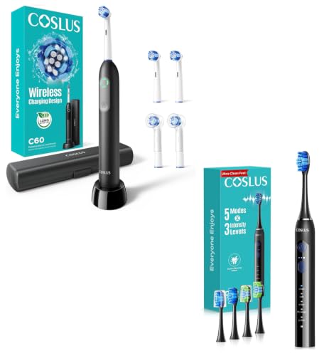 COSLUS C30 Electric Toothbrush for Adults & C60 Rechargeable Rotating Electric Toothbrush for Deep Clean Black 2Pcs
