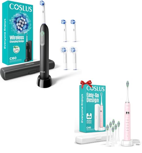 COSLUS C40 Sonic Electric Toothbrush for Adults & C60 Rechargeable Rotating Electric Toothbrush for Deep Clean Black Pink 2Pcs