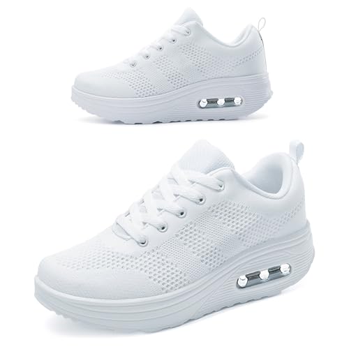 RUIDENG Platform Sneakers for Women Air Cushion | Walking Shoes Women Comfortable All Day | Thick Rocker Bottom 7.5 White