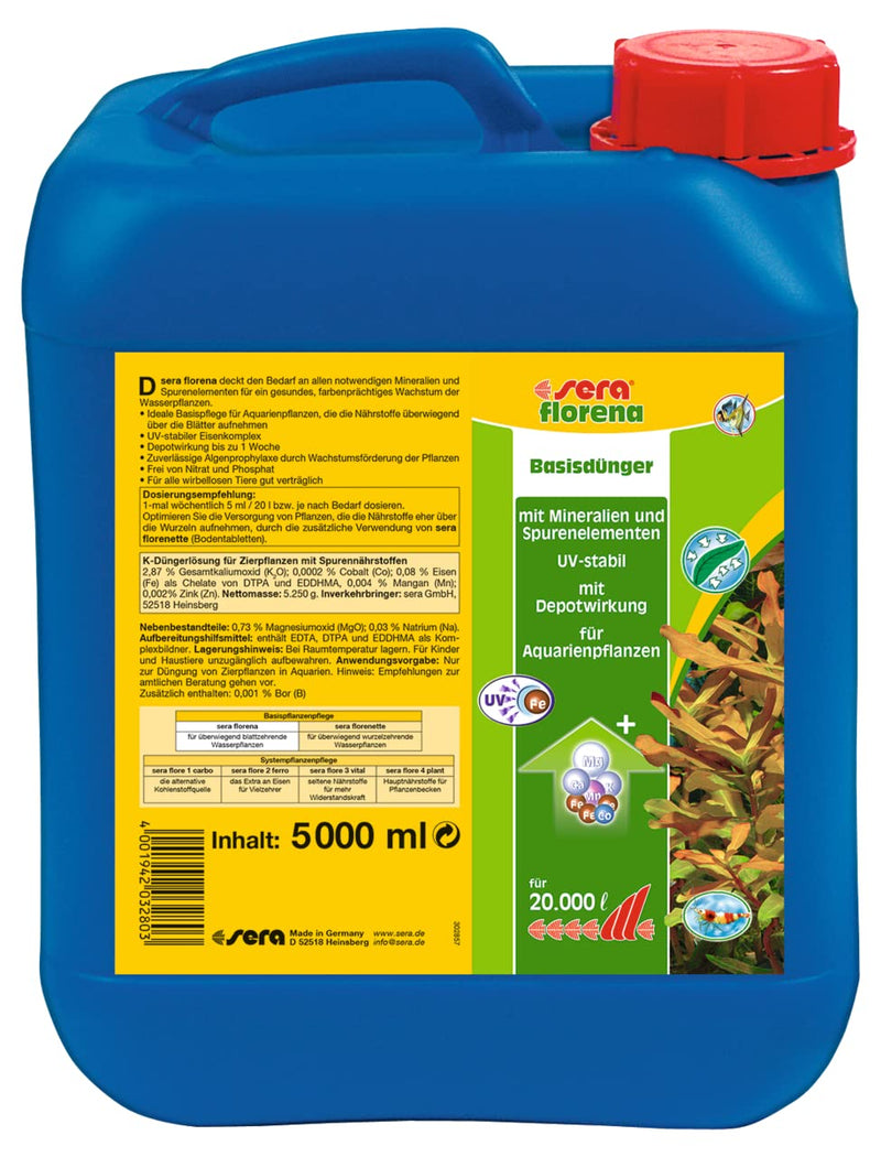 sera florena 5 l | Liquid basic fertilizer for magnificent aquatic plants | Optimal basic care for aquarium plants | UV-stable iron complexes | Without nitrate & phosphate with minerals & trace elements - BeesActive Australia