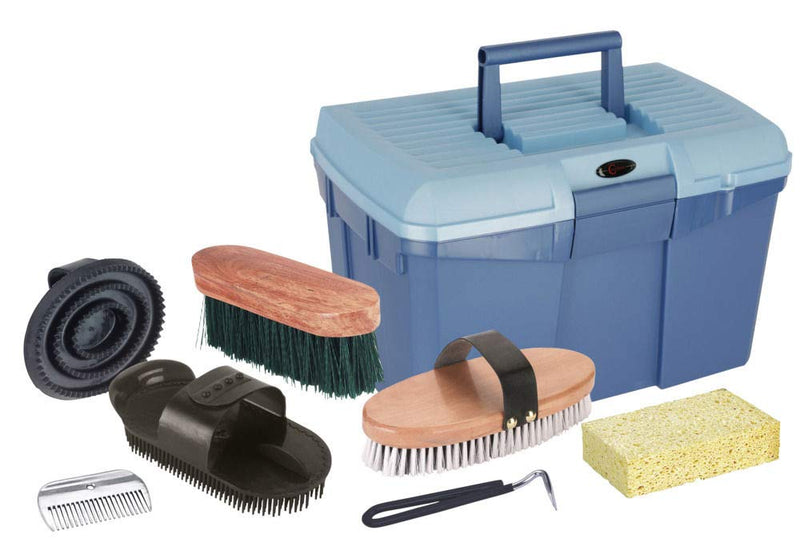 Kerbl grooming box blue with contents (for horses, horse brushes, mane brushes, grooming box with brushes, horse care, blue grooming supplies) 321775 - BeesActive Australia