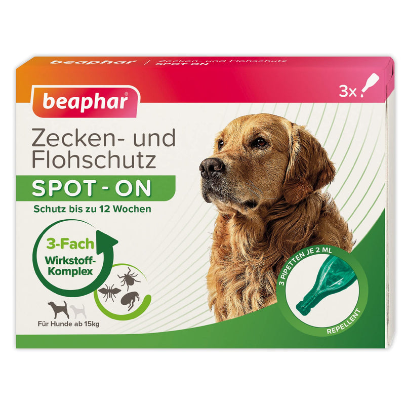 beaphar - Tick and flea protection Spot-ON for dogs over 15kg - Repellent against fleas, ticks and mosquitoes - Immediate effect - Protects up to 12 weeks - 3 pipettes 2ml each over 15 kg - BeesActive Australia