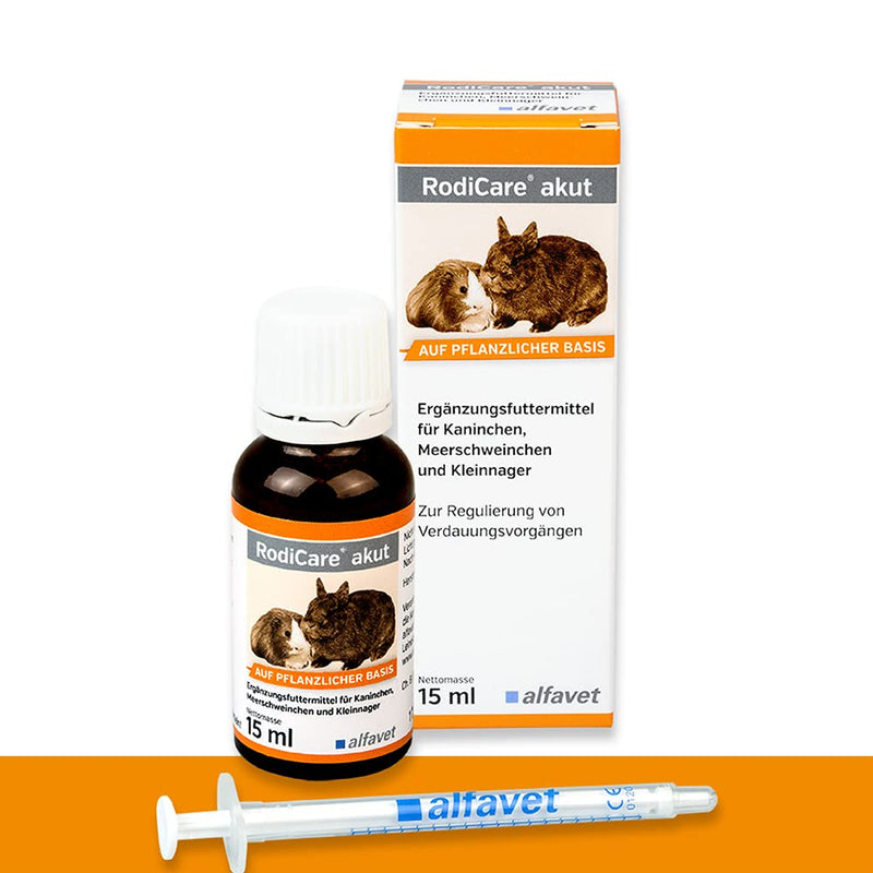 Alfavet RodiCare acute supplementary feed to regulate digestive processes for rabbits, guinea pigs and small rodents, 15 ml glass bottle with 15 ml dosing syringe (pack of 1) - BeesActive Australia