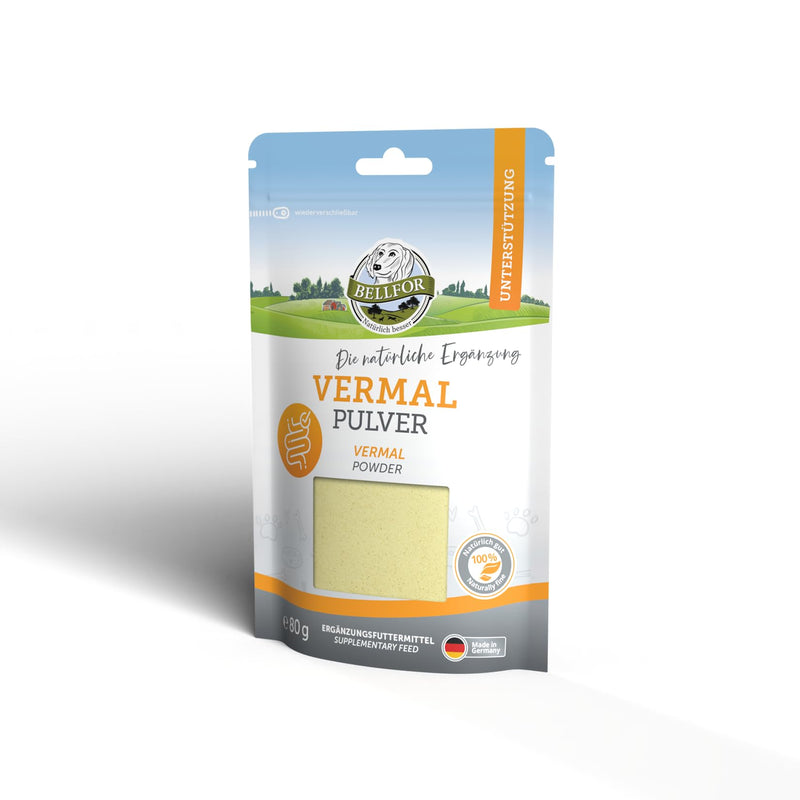 Vermal powder from Bellfor with coconut flour and pumpkin seeds - 80 g. Natural preventive agent against worm infestation in dogs in animals, supports intestinal health and immune system without the development of resistance. - BeesActive Australia