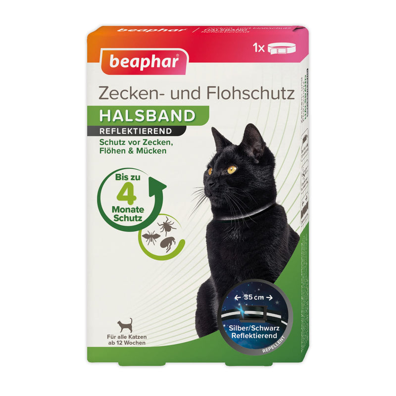 BEAPHAR - tick and flea protection collar - for cats from 12 weeks - repellent - 4 months protection against ticks, fleas and mosquitoes - rainproof - reflective - band length 35 cm - silver / black reflector 4 months - BeesActive Australia