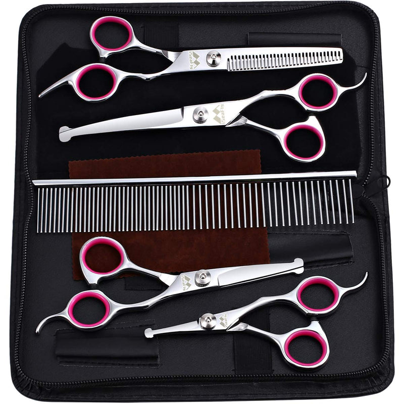 iSeaFly Dog Scissors with Round Tip, 5 in 1 Dog Scissors Set, Stainless Steel Cat Grooming Scissors, Dog Grooming Scissors for Full Body, Face, Nose, Ear (Pink) - BeesActive Australia