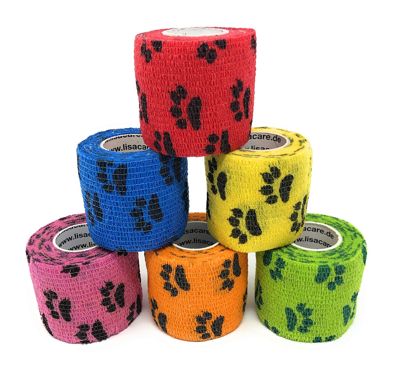 LisaCare self-adhesive bandage - set of 6 elastic bandages - animal bandage 5cm - self-adhesive dog bandage medically certified - colorful paw set (6 paw mix) paw mix colorful - BeesActive Australia