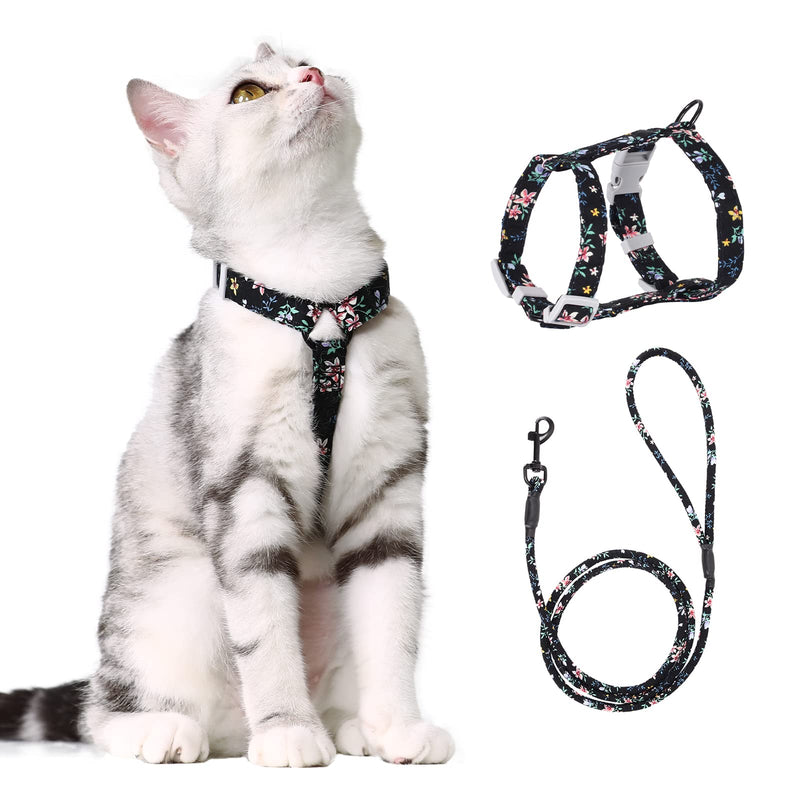 PETTOM floral pattern cat harness with leash cat leash with harness for cats with round lanyard escape-proof adjustable chest strap suitable for small and medium cats M black - BeesActive Australia