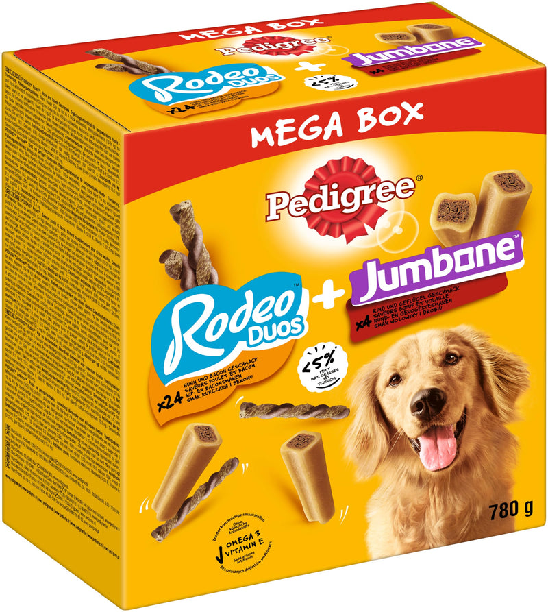 Pedigree dog snacks mix pack with Rodeo Duos Chicken & Bacon (24 pieces) and giant bones beef & poultry (4 pieces), 780g - BeesActive Australia