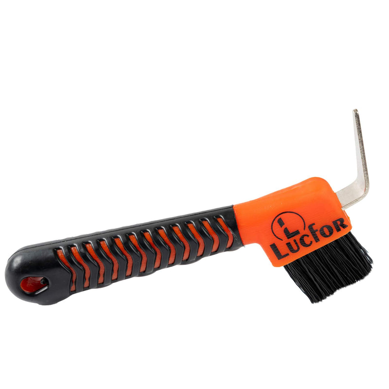 LUCFOR hoof scraper for horses with gel handle, 2-in-1 scraper for scraping hooves and brushing, black-orange - BeesActive Australia