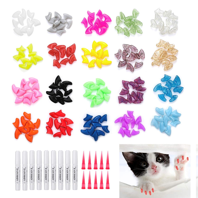 Pack of 200 cat nail covers, claw protection for cats, dogs, colorful soft claws, kitten nail caps, cat nail covers, nail plugs with adhesive adhesives, applicators with instructions for pets - BeesActive Australia
