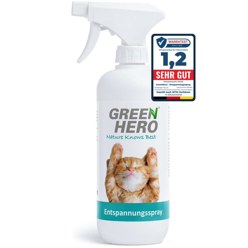Green Hero Relaxation Spray 500 ml for cats contains calming scents such as valerian, lavender and natural catnip for well-being and relaxation - BeesActive Australia