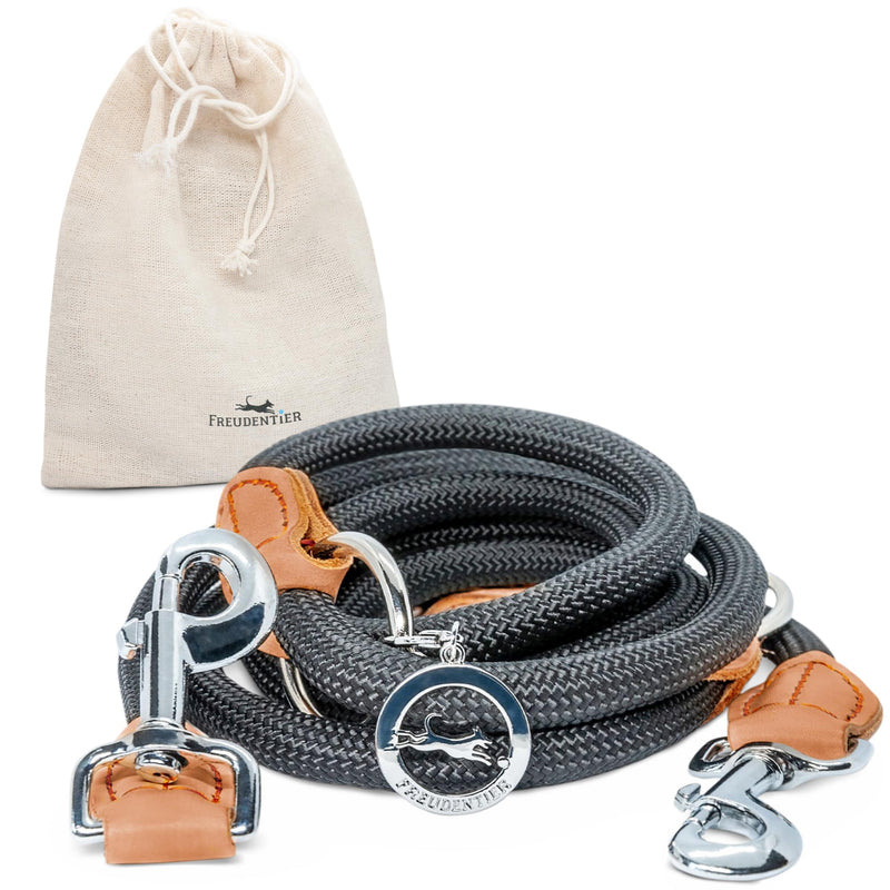 FREUDENTIER dog leash 2m - 3-way adjustable - Robust nylon rounded off with stylish brown leather elements - Leash for medium & large dogs (black) Black - BeesActive Australia