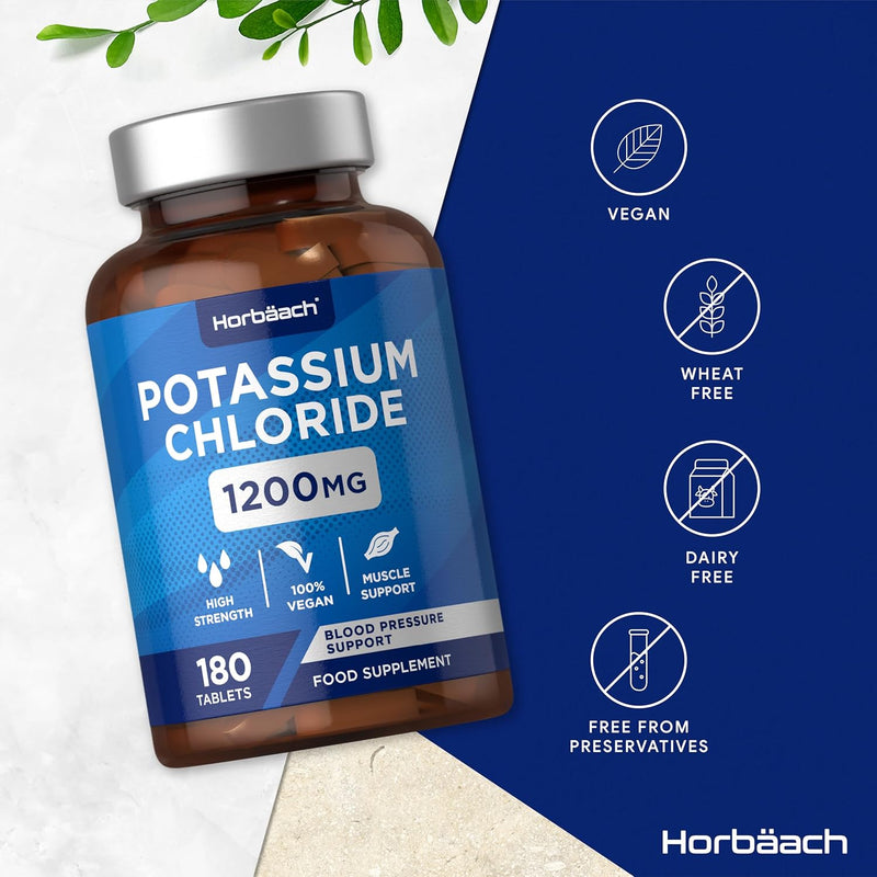Potassium Supplement High Strength 1200mg | 180 Vegan Tablets | 624mg of Potassium & 564mg of Chloride | Suitable for Vegans & Vegetarians | by Horbaach - BeesActive Australia