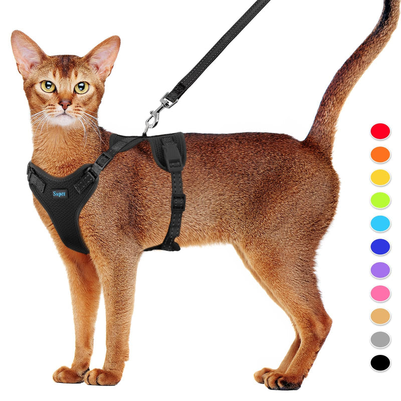 Supet Cat Harness and Leash Set Escape Proof Kitten Harness Adjustable Cat Vest Harness with Reflective Strips Universal Cat Leash and Harness for Cats/Puppies M M (Chest: 44.5-49.5 cm) Black - BeesActive Australia