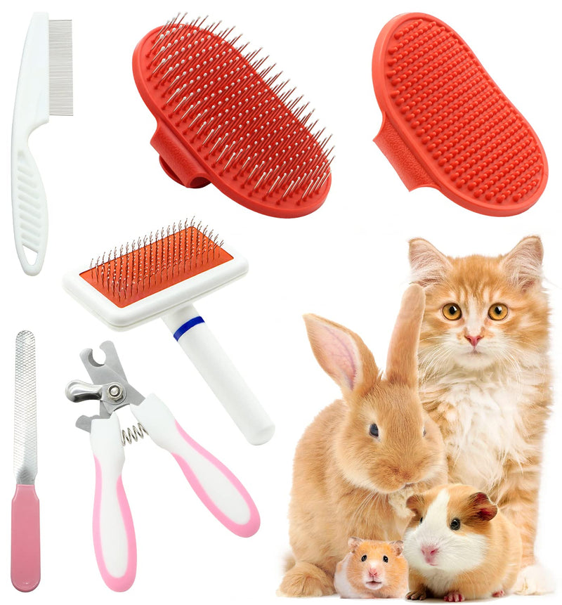 Crafterlife Rabbit Grooming Kit with Pet Loss Slicker Brush Nail Clippers Pet Massage Bath Glove Flea Comb for Rabbits Puppies Kittens Guinea Pigs Ferrets Small Animals (Red, Pink) - BeesActive Australia