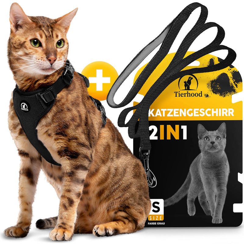 Tierhood Cat Harness with Leash [New, LIGHT Version] - Cat Leash with Harness for Cats and Kittens - Cat Harness Set with Leash - Controlled Freedom - Black, Size S S (Neck 18-29cm) (Chest 33-44cm) - BeesActive Australia