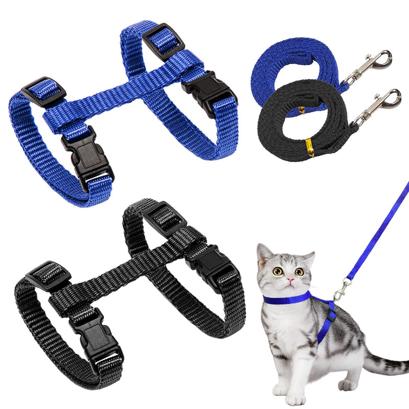 Pack of 2 Adjustable Nylon Harnesses Cat Leash, Harnesses Cat Leash Kitten Collar, Blue Soft Cat Harness with Leash for Kitten Puppy Rabbit Rabbit Black + Blue - BeesActive Australia