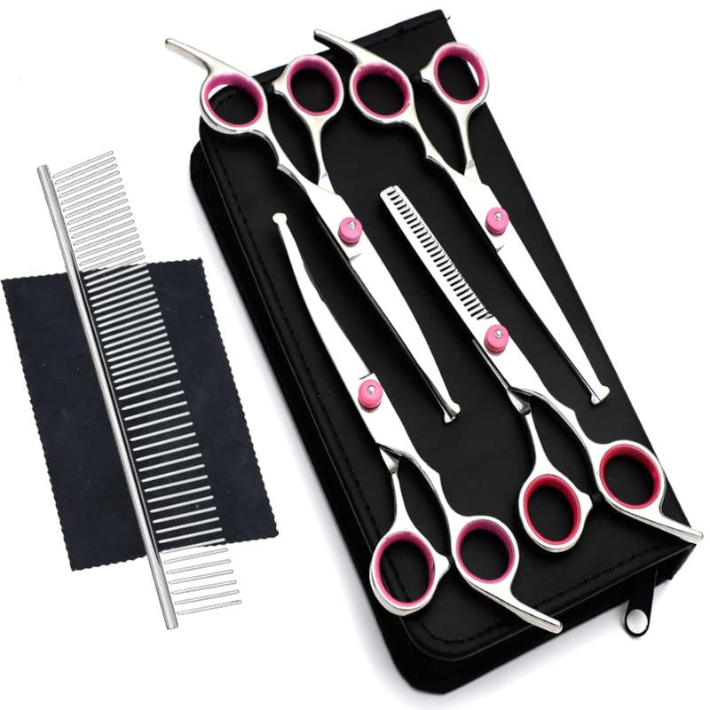 Newaner dog scissors set professional, scissors made of stainless steel with round safety tip, fur scissors including thinning scissors, curved, straight scissors, grooming comb, for dogs, cats, purple - BeesActive Australia
